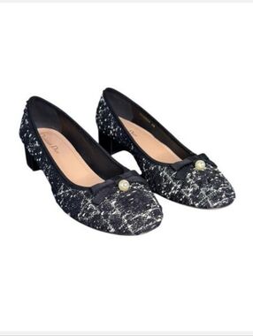 Dior Black and White Tweed Low Block Heel Pumps with Pearl Bow